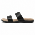 Side view of black leather slide sandal with double straps