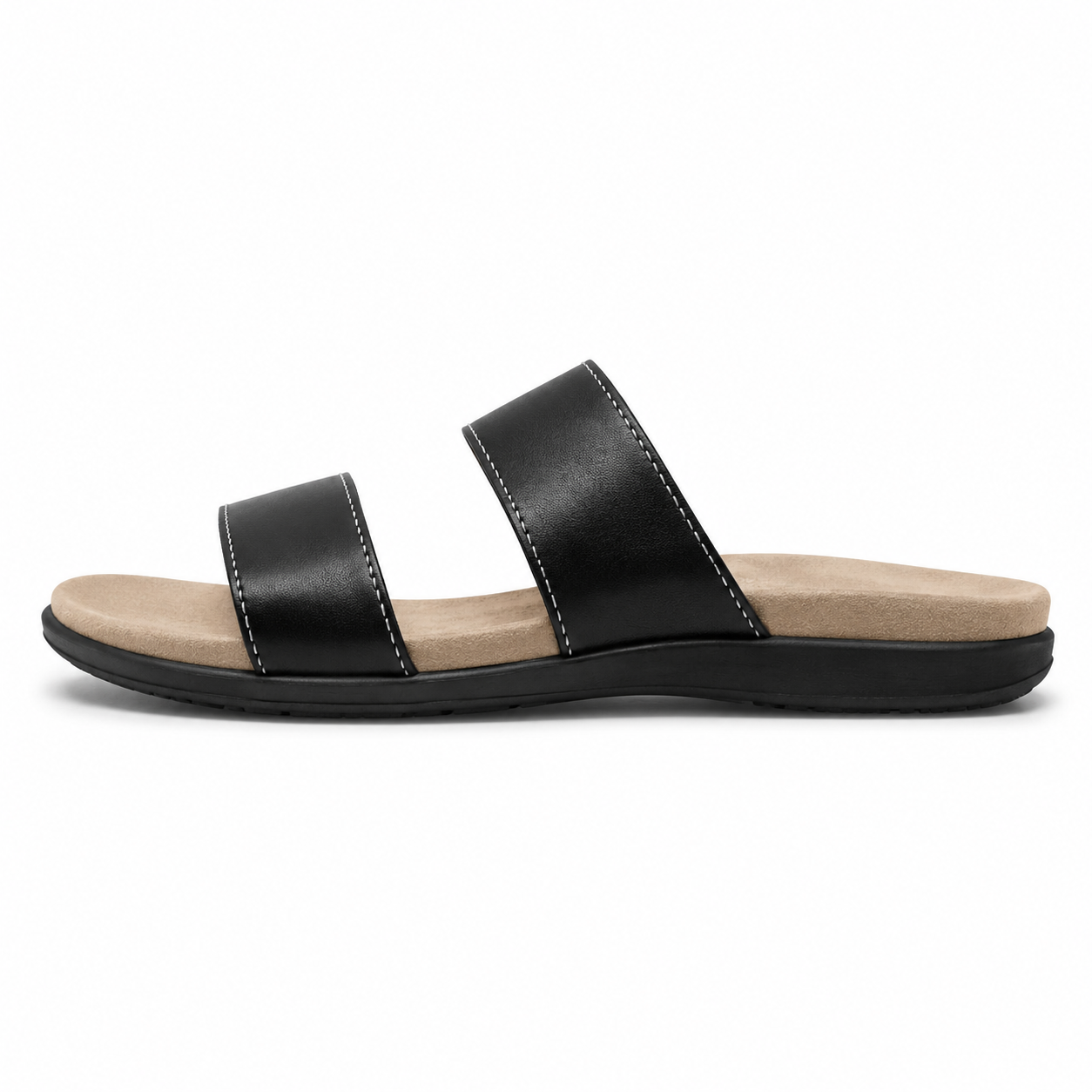 Side view of black leather slide sandal with double straps