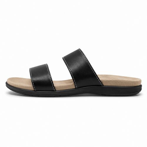 Side view of black leather slide sandal with double straps