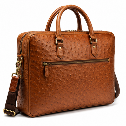Top view showing the leather handle and zip closure.
