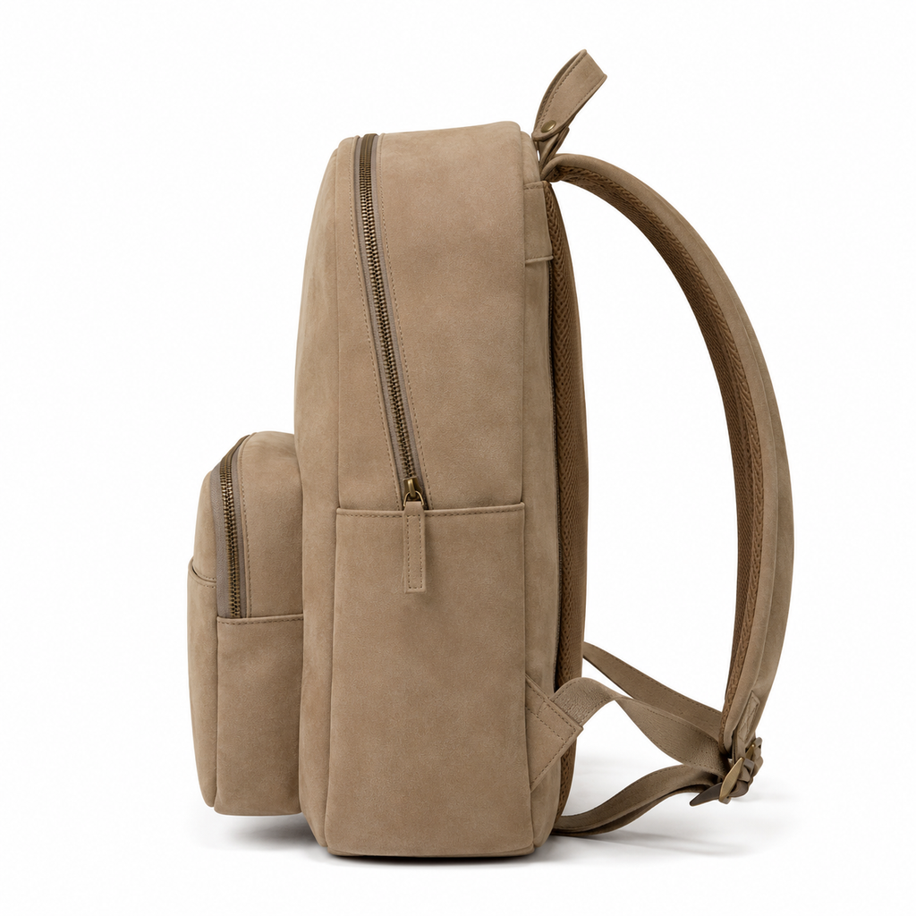 Close-up of suede texture on beige backpack