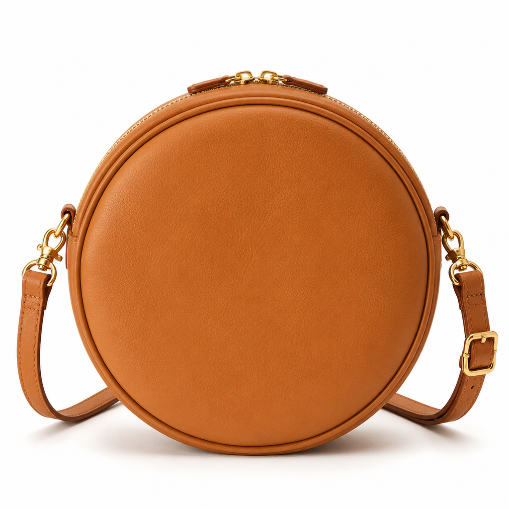 Round tan faux leather crossbody bag front view