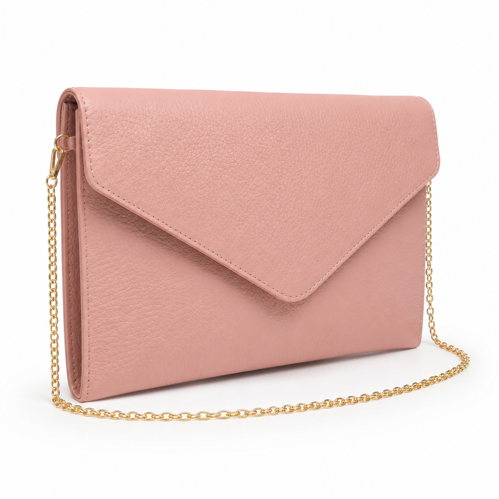 Front view of pink envelope clutch bag with chain strap.