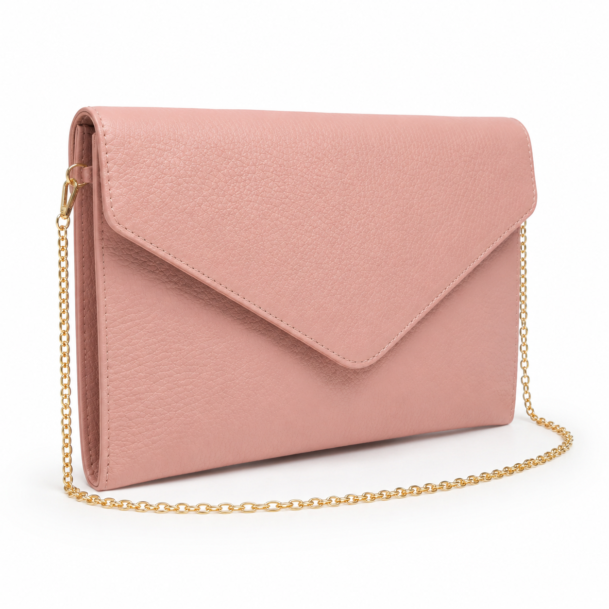 Front view of pink envelope clutch bag with chain strap.