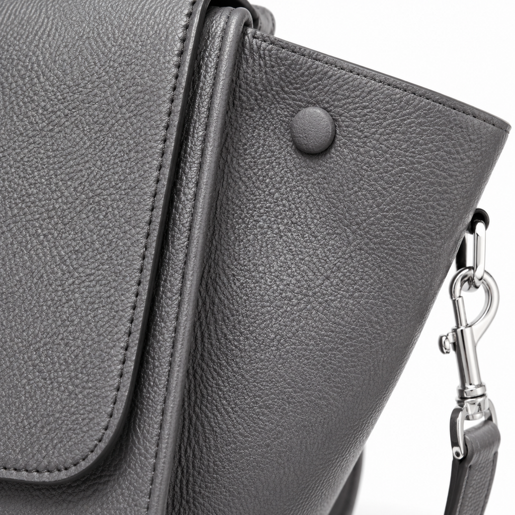 Model carrying the grey handbag with a shoulder strap.