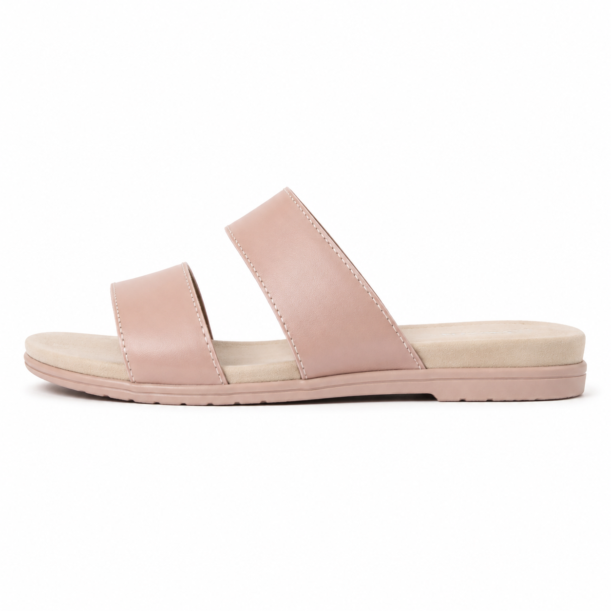 Side view of blush leather slide sandal