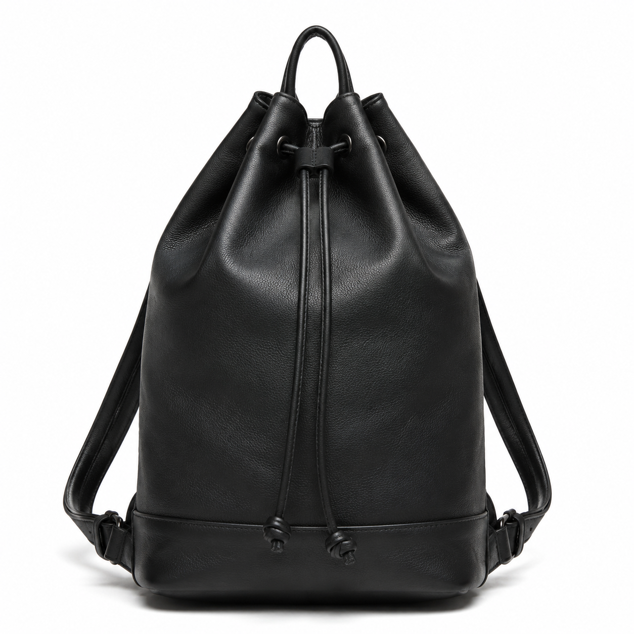 Front view of boneroshop Leather Drawstring Backpack in black.