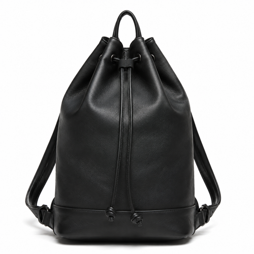 Front view of boneroshop Leather Drawstring Backpack in black.
