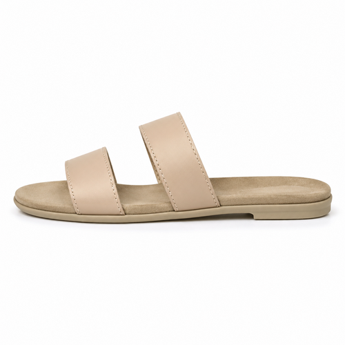 Side view of boneroshop beige leather sandals with double strap.