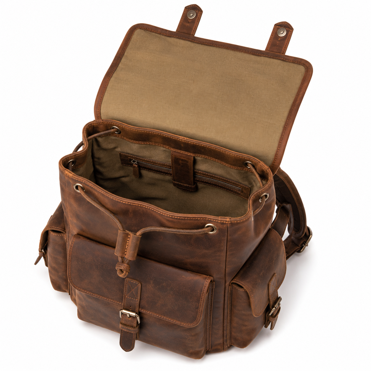 Interior compartments of vintage leather backpack