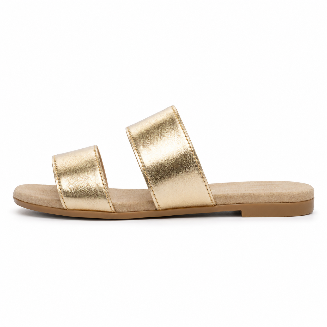 Side view of gold leather double strap sandals