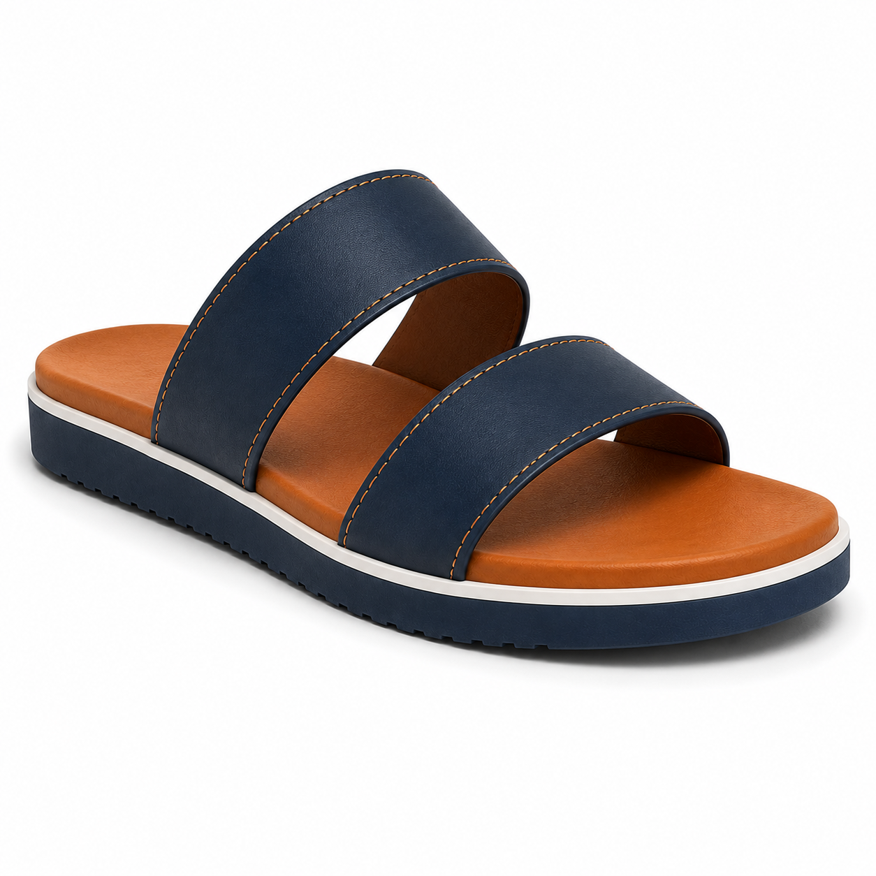 Inner side view of men's navy and tan two-tone vegan leather slide sandal showing the white midsole stripe running along the perimeter