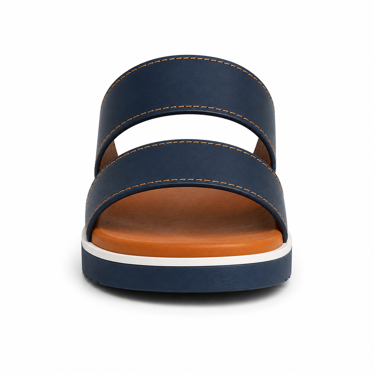 Side profile of men's navy and tan two-tone vegan leather slide sandal showing chunky navy rubber outsole with white midsole stripe