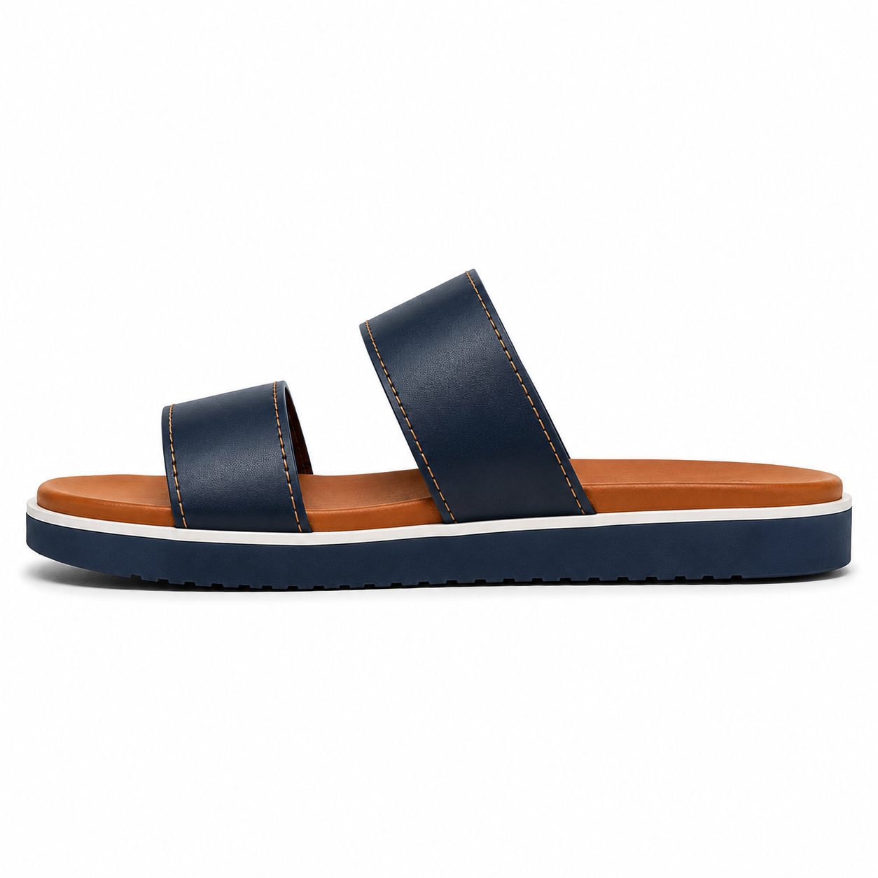 Men's two-tone vegan leather slide sandal in navy and tan with white midsole stripe and tonal tan contrast stitching, three-quarter view