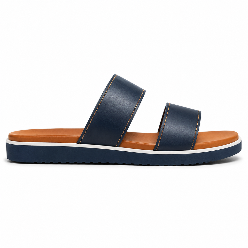 Front view of men's navy and tan two-tone vegan leather slide sandal showing both navy straps and the contrasting tan footbed