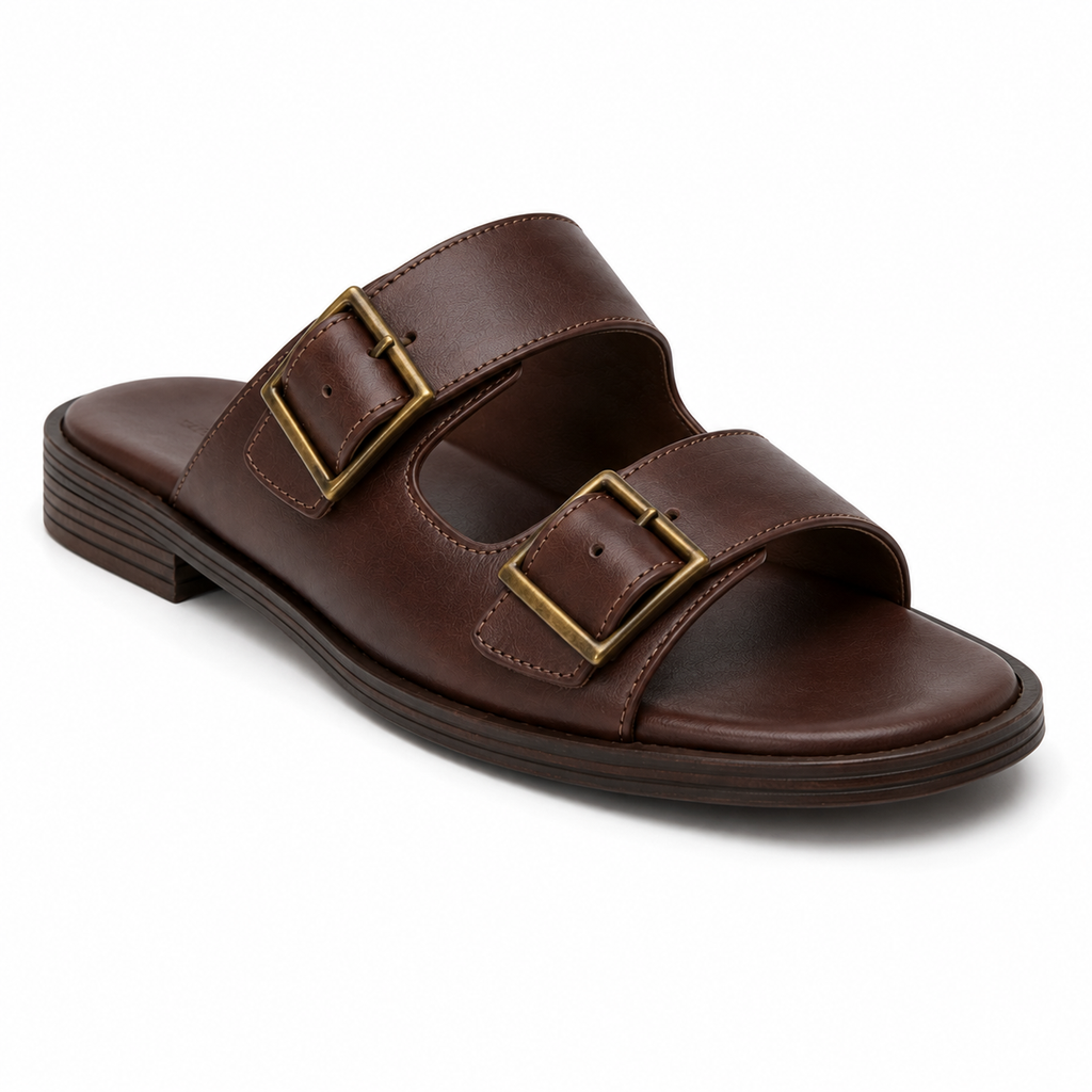Inner side view of men's dark walnut double-buckle vegan leather sandal showing clean leather profile and stacked sole