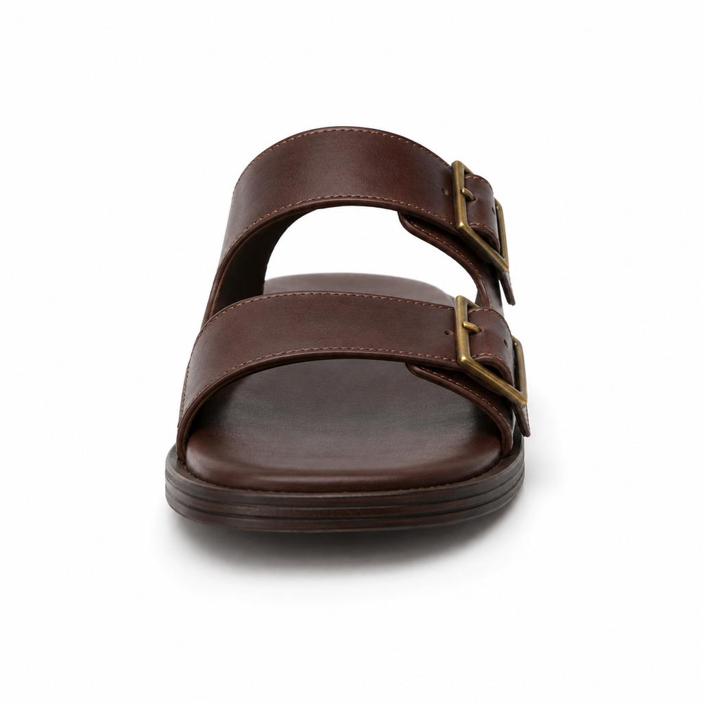 Side profile of men's dark walnut double-buckle vegan leather sandal showing both antique brass buckles and stacked leather heel