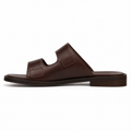 Men's double-buckle vegan leather sandal in dark walnut with two antique brass buckles and stacked leather sole, three-quarter view