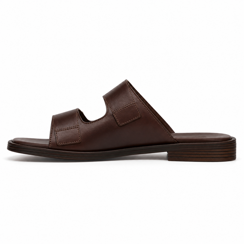 Men's double-buckle vegan leather sandal in dark walnut with two antique brass buckles and stacked leather sole, three-quarter view