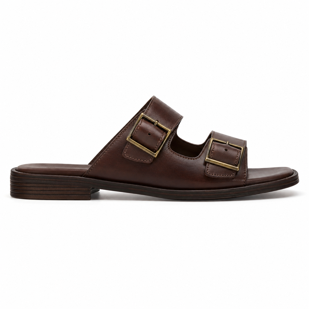 Front view of men's dark walnut double-buckle vegan leather sandal showing both parallel straps and antique brass buckles