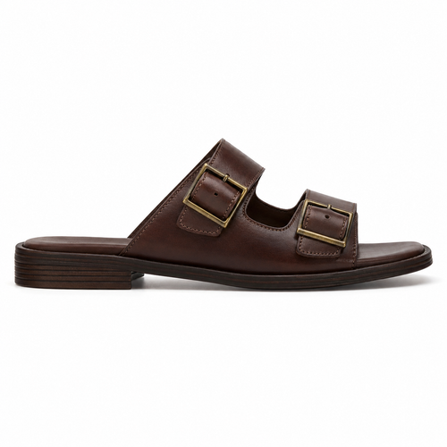 Front view of men's dark walnut double-buckle vegan leather sandal showing both parallel straps and antique brass buckles