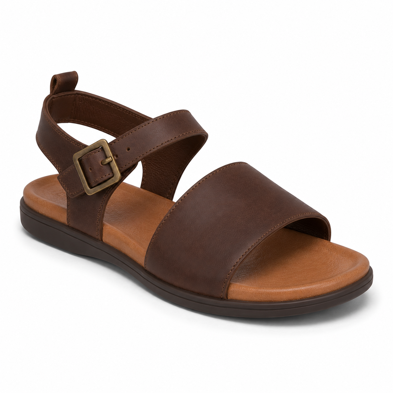 Inner side view of men's chestnut brown classic buckle vegan leather sandal showing pull-tab heel detail and refined slim sole