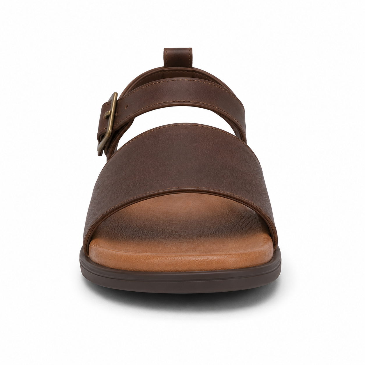 Side profile of men's chestnut brown classic buckle vegan leather sandal showing antique brass ankle buckle and cushioned tan footbed