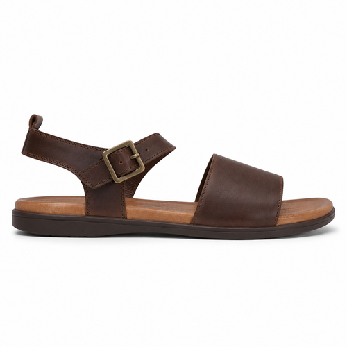 Front view of men's chestnut brown classic buckle vegan leather sandal showing wide forefoot strap and adjustable ankle strap