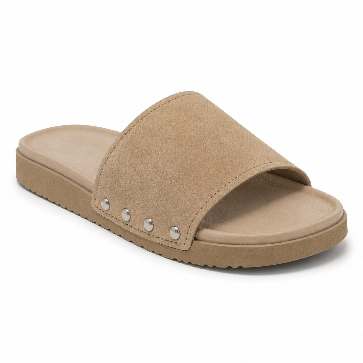 Top-down view of men's sand-beige vegan suede slide sandal showing instep band with rows of silver rivets on both sides