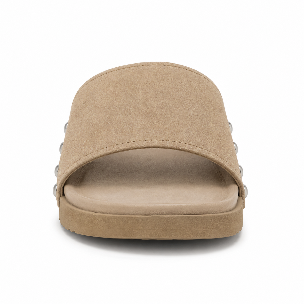 Inner side view of men's sand-beige vegan suede slide sandal showing four brushed silver rivets along the strap edge