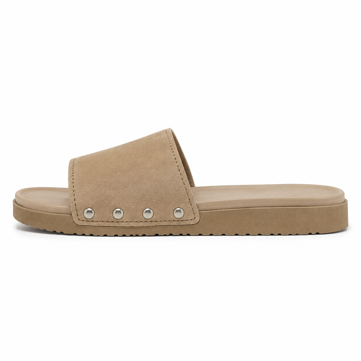 Men's vegan suede single-band slide sandal in sand-beige with brushed silver rivet detail and chunky tonal sole, three-quarter view