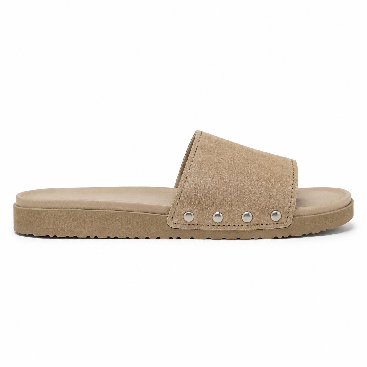 Front view of men's sand-beige vegan suede slide sandal showing wide instep band with silver rivets along the edge