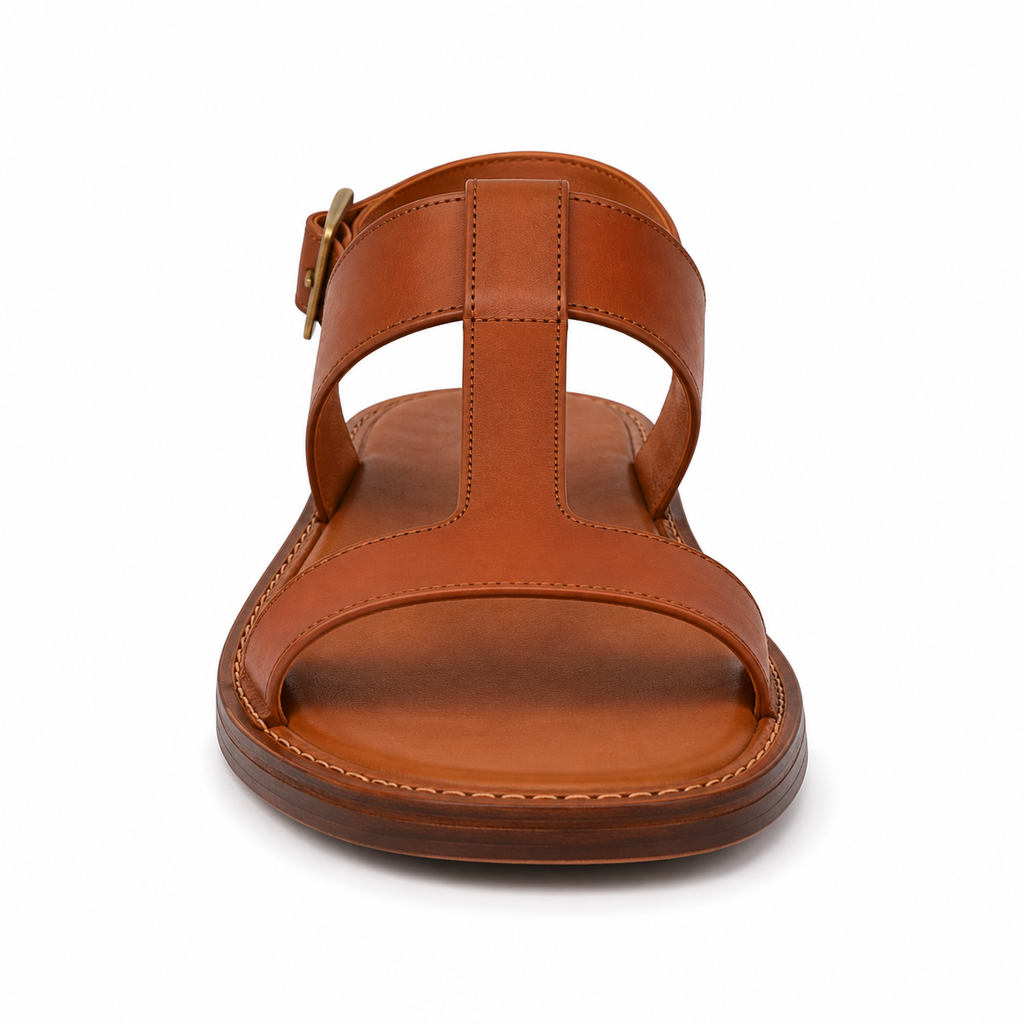 Side profile of men's cognac T-strap vegan leather sandal showing the antique brass ankle buckle and slim welted sole