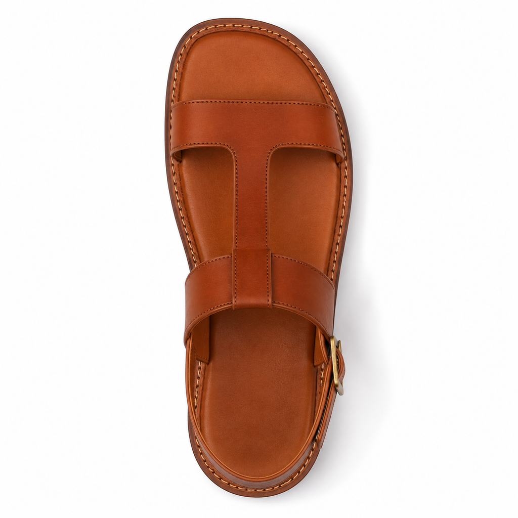 Men's T-Strap Vegan Leather Sandals — Cognac