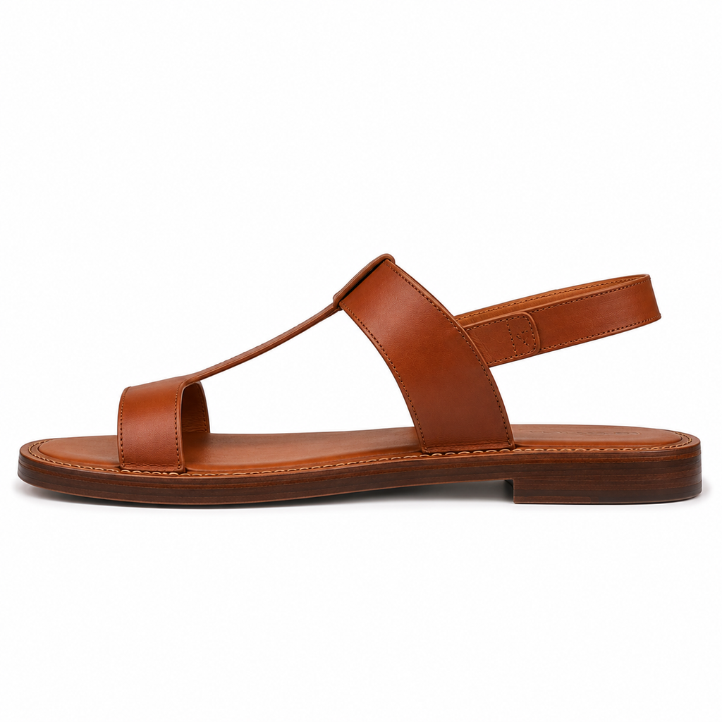 Men's T-strap vegan leather sandal in cognac with antique brass ankle buckle and stitched leather welt, three-quarter view