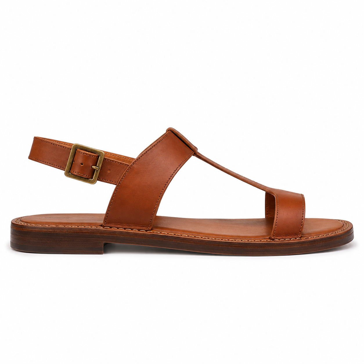 Front view of men's cognac T-strap vegan leather sandal showing the T-bar upper configuration and ankle strap