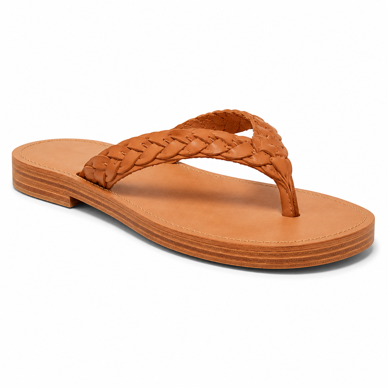Inner side view of men's tan braided vegan leather thong sandal showing the stacked leather sole layers