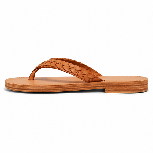 Men's braided vegan leather thong sandal in tan with hand-braided Y-strap and stacked leather sole, three-quarter view