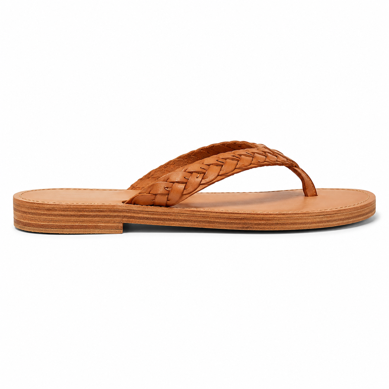 Front view of men's tan braided vegan leather thong sandal showing the woven Y-strap construction and toe post