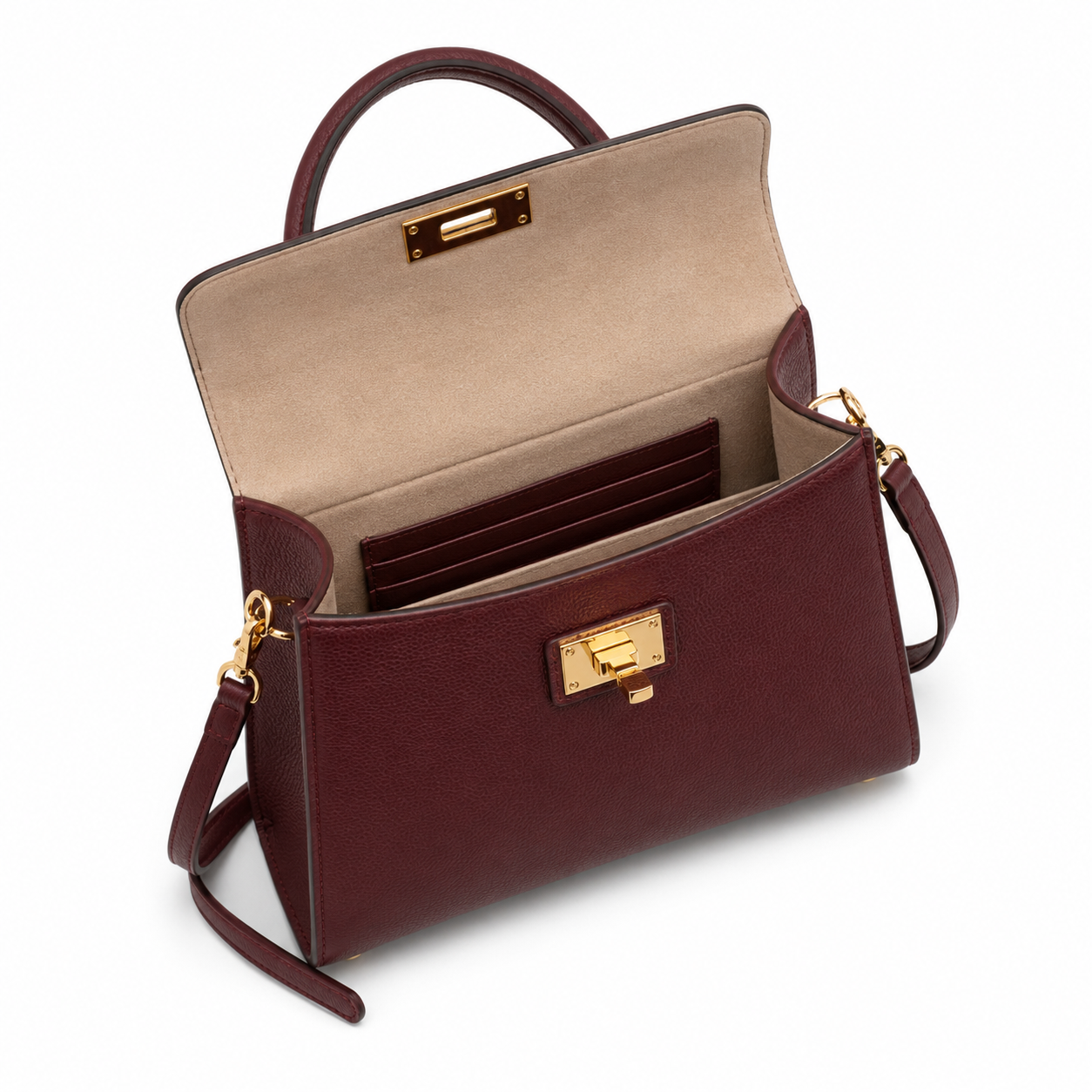 Back view of handbag with top handle.
