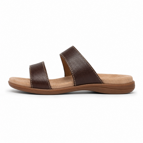 Side view of boneroshop brown leather slide sandal.