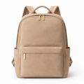 Front view of beige suede backpack with pocket