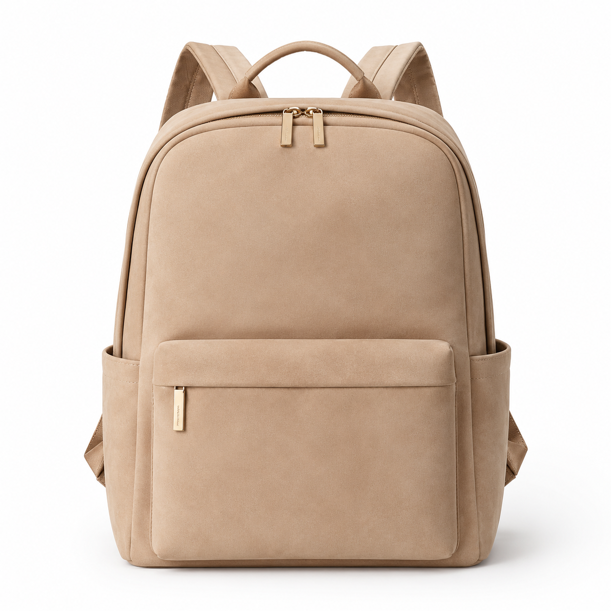 Front view of beige suede backpack with pocket