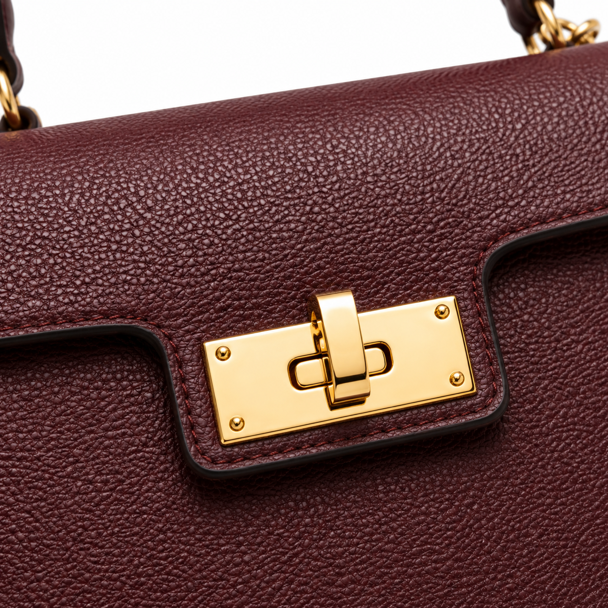 Detailed view of handbag's gold hardware.