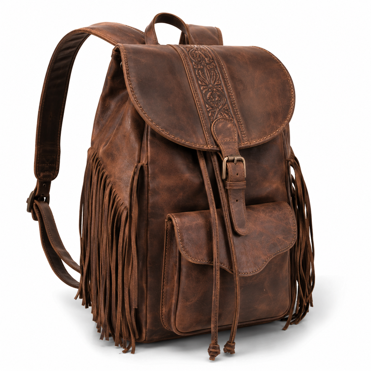 Side angle of the brown leather backpack showing fringe.