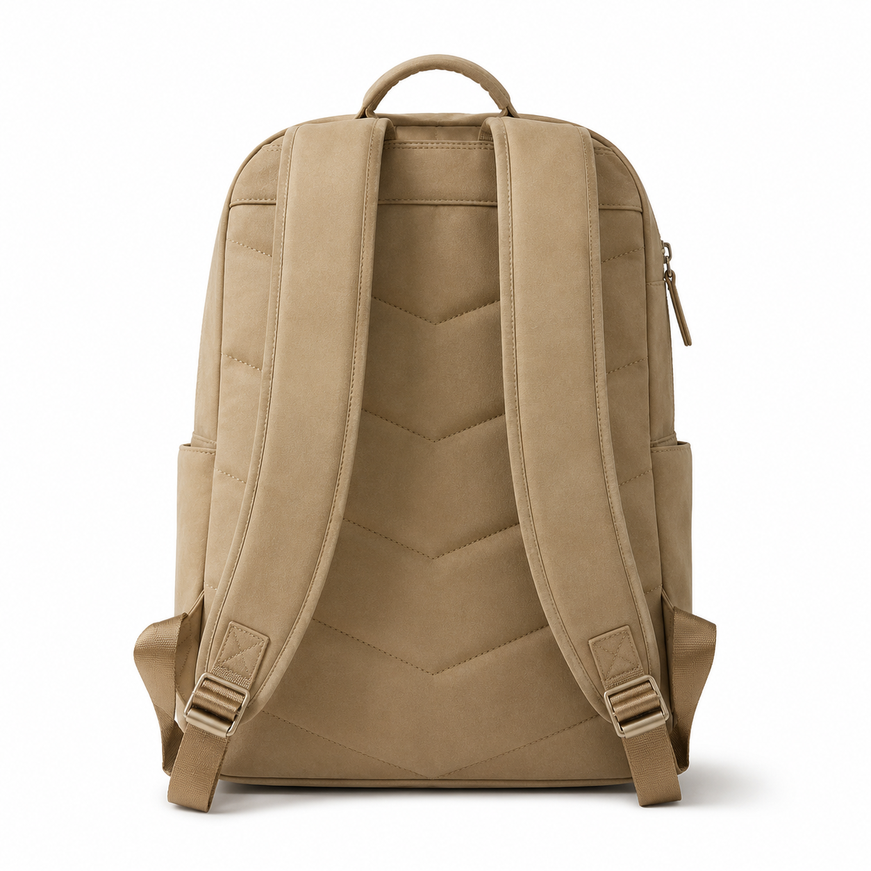 Open view showing compartments of beige backpack