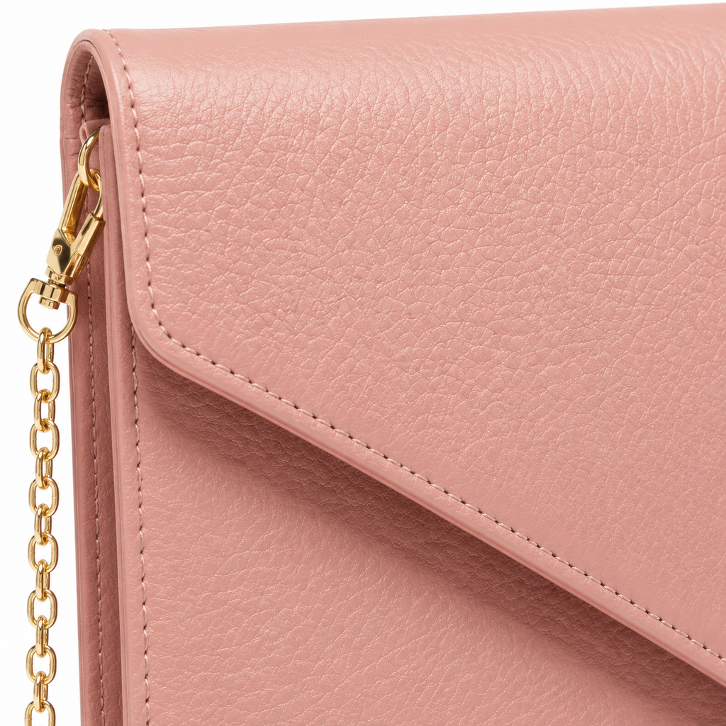 Back view of pink faux leather envelope clutch bag.