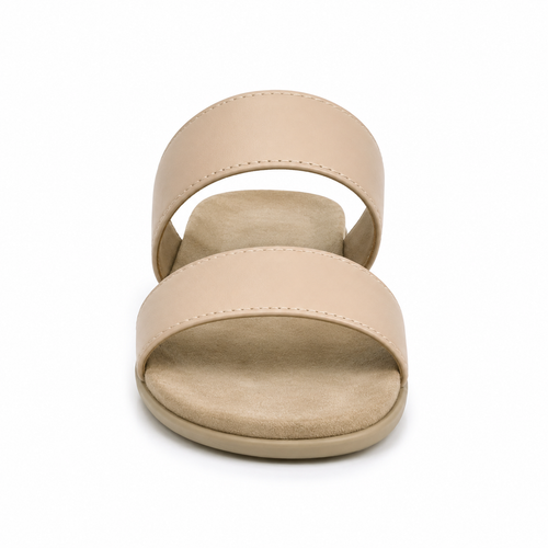 Top view of boneroshop women's slip-on sandals in beige.