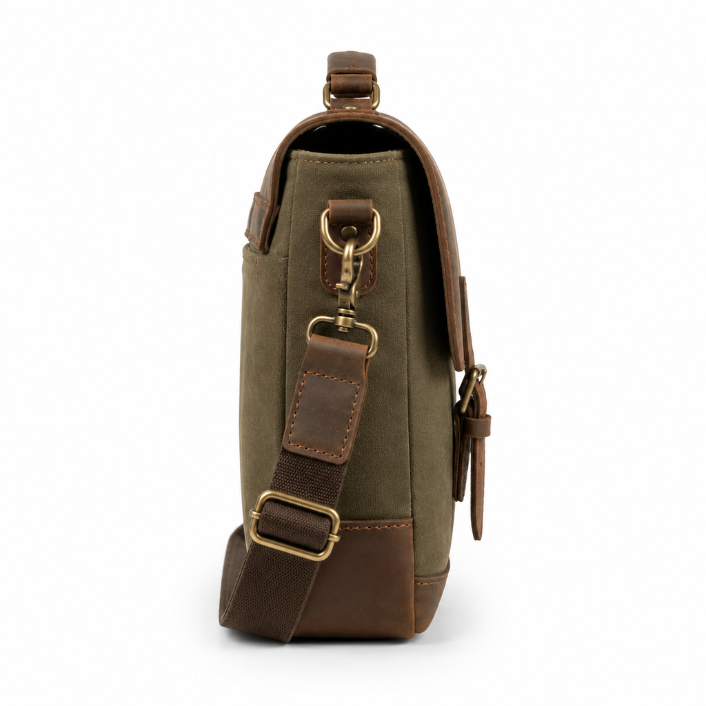 Close-up of buckle closure on leather messenger bag.