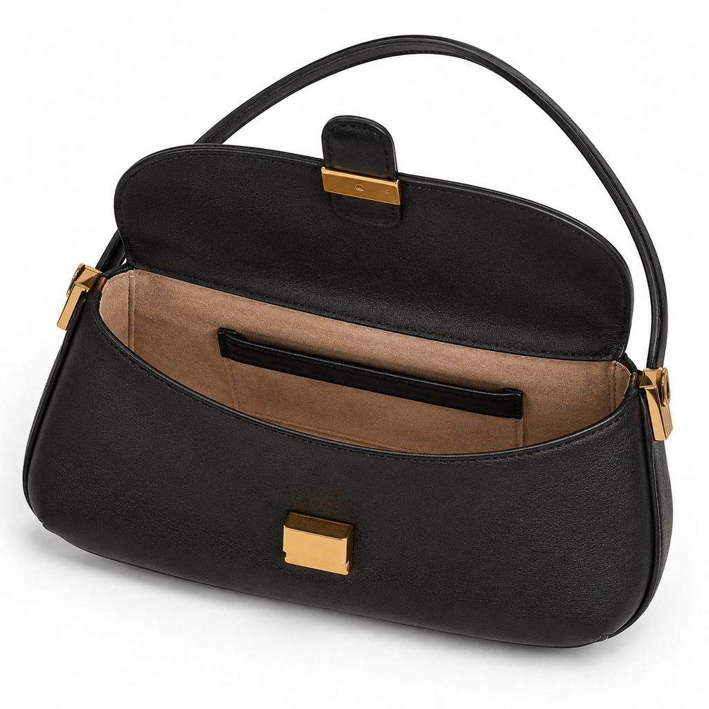 Interior view of boneroshop black faux leather shoulder bag